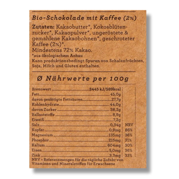 Nährwert Schokolade Choqlate Kaffee Bio 72 Prozent Kakaoanteil